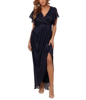 Betsy & Adam Blue Evening Gown Metallic Short Sleeve Formal Column Dress Size 6